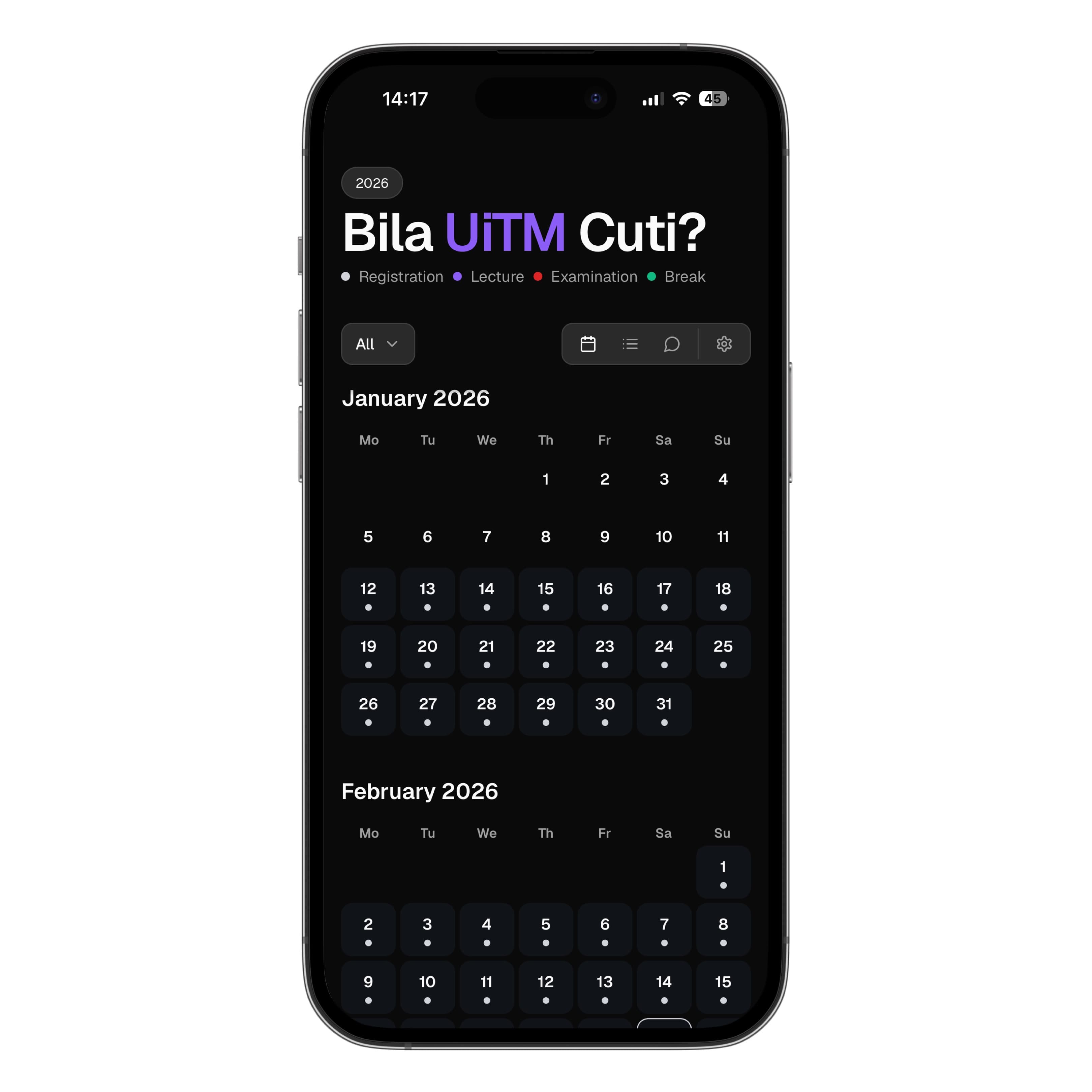 Bila UiTM Cuti? project preview showing the design interface